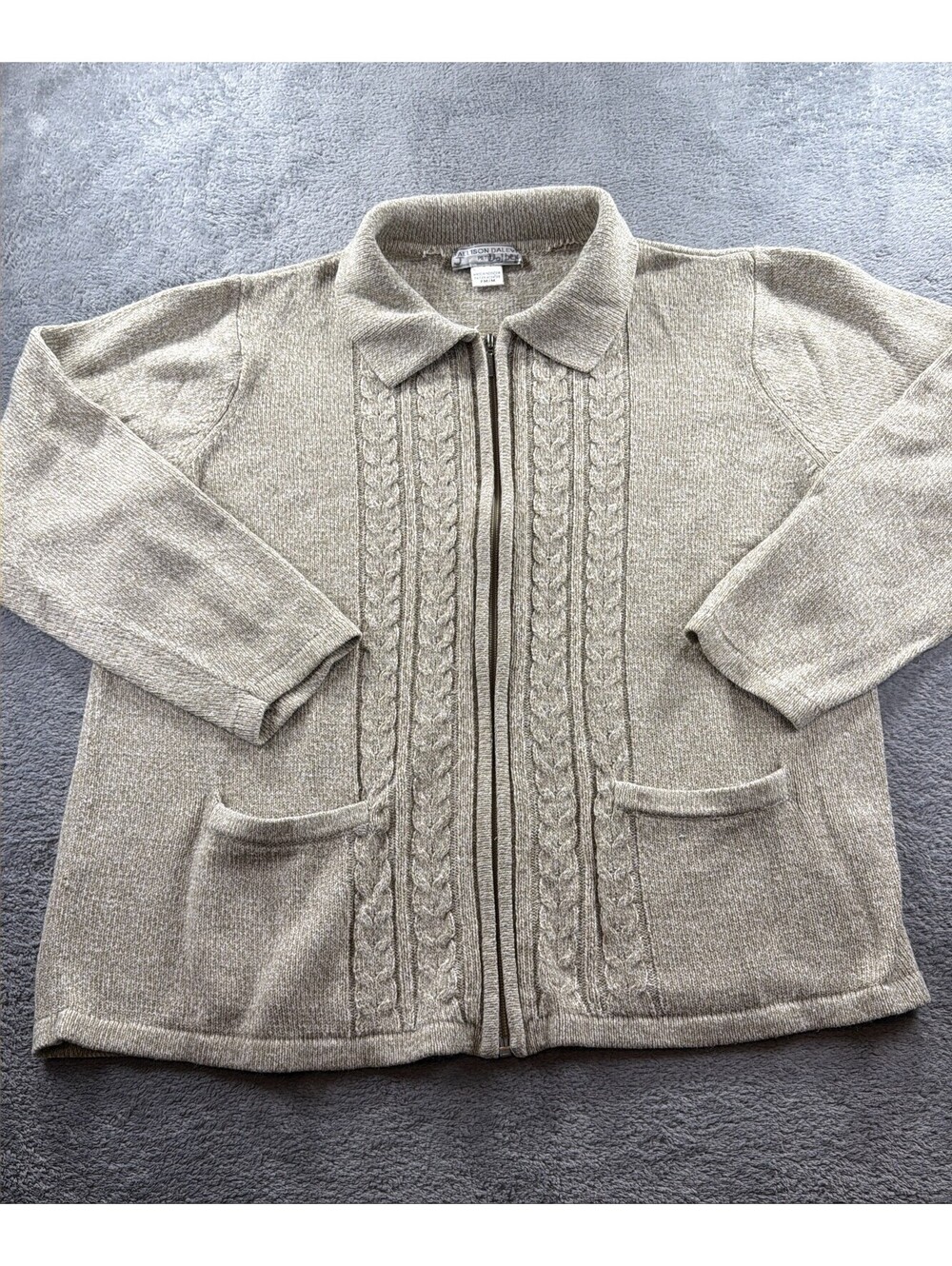Allison Daley Women's Tan Cable Knit Full Zip Cardigan Sweater Pockets